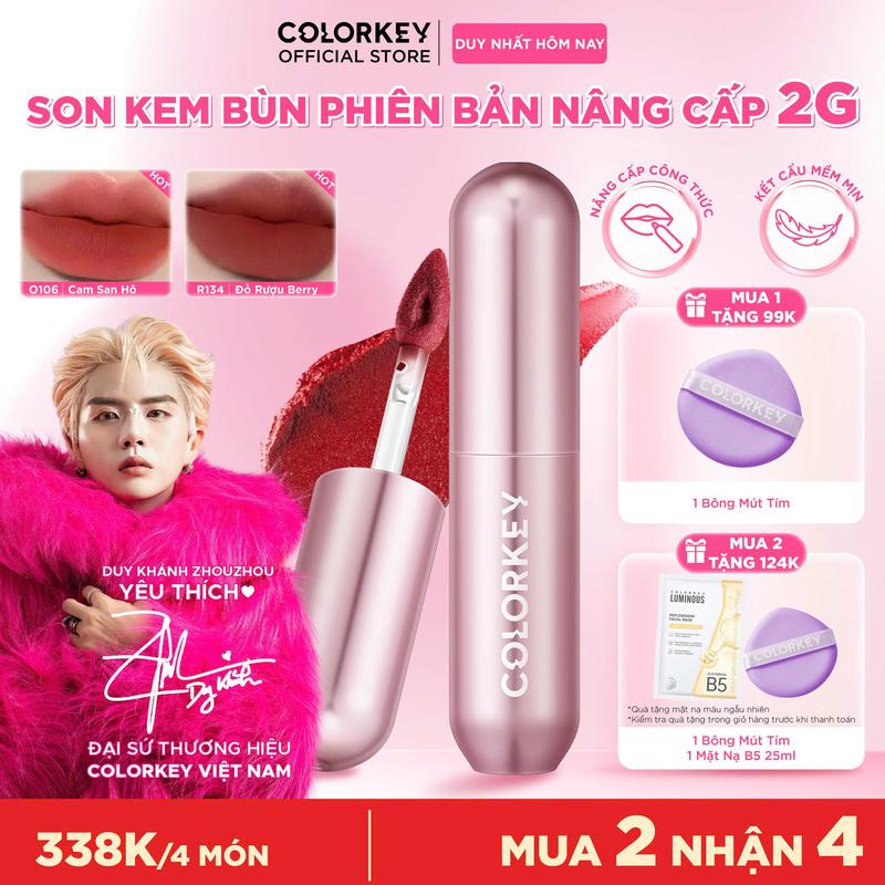 OFFICIAL Son Kem Bùn COLORKEY Lip Mud Mousse Matte Phiên Bản Nâng Cấp Chất Son Mềm Mịn Che Vân Môi Tốt Hỗ Trợ Dưỡng Ẩm Màu Sắc Thời Thượng 2g