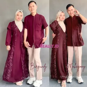 (Lagsung Kirim) Kanaya Set Couple Gamis Koko Cringkle Mix Brukat Lebaran 2025 | Set Couple Gamis Wanita Pria Mewah Kondangan Lebaran | Dress Brukat Wanita