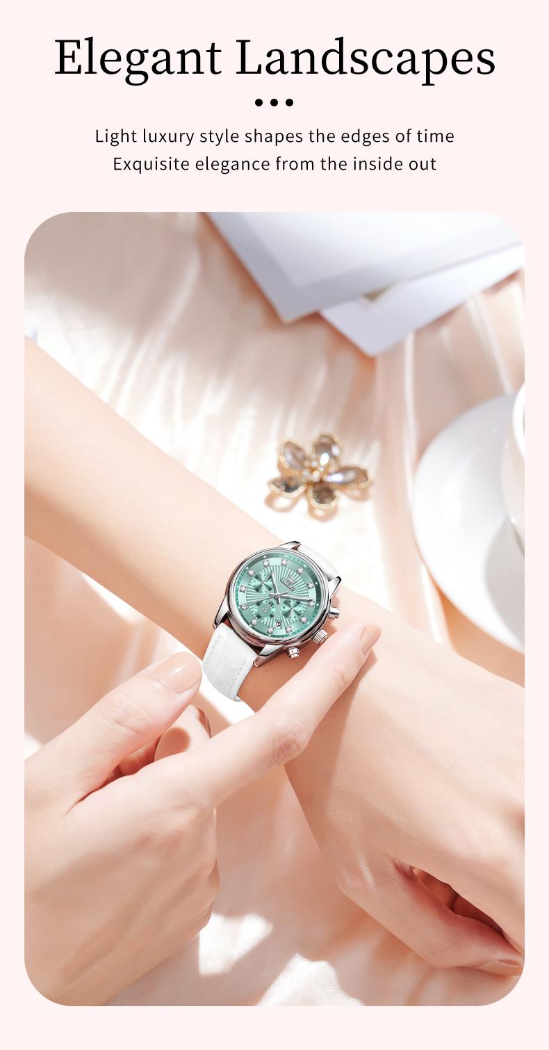 Product Introduction of OLEVS Original Quartz Watch for Women Mother's Day Gift Waterproof Chronograph Leather Strap Calendar Korean Style Fashion Stainless Steel Ladies Wristwatch Box 3669 28
