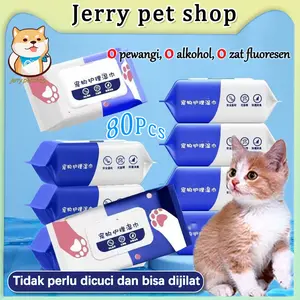 80Pcs Tisu Kucing Tisu Basah Hewan Peliharaan Tisu Anjing Tisu Cakar Kucing | Tanpa Alkohol & Parfum | Lembut | Serap Cepat, Tidak Iritasi