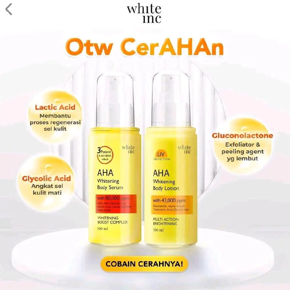 (Bundling) White Inc AHA Whitening Body Serum & Body Lotion Perawatan Mencerahkan Badan Memutihkan Tubuh Pencerah Hand Scrub Hitam Pria Memudarkan Wanita