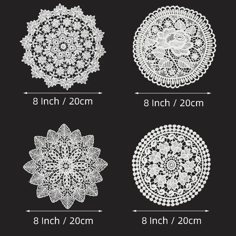 Bàn ren tròn 8 inch, Bộ 8 chiếc, Ren đẹp, Hoa hồng Dacron, Hoa Platycodon Grandiflorum, Hình dây leo, Hoa đại, Đồ Trang Trí mặt bàn ren, Đế lót ly hình ren, Thích hợp cho nhà bếp 2