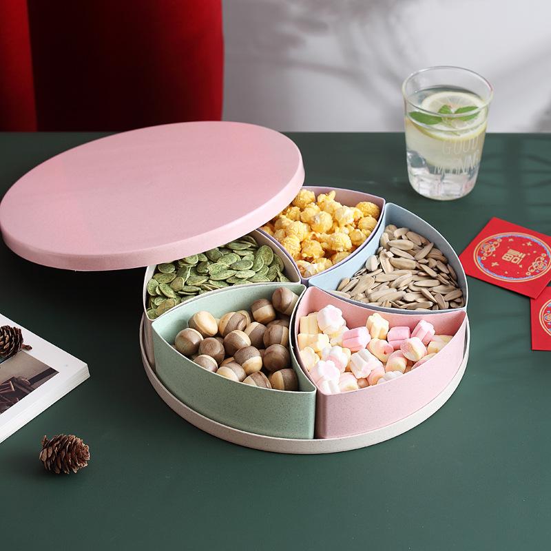 Khay Đựng Bánh Kẹo Mứt Tết 5 Ngăn Nhựa Lúa Mạch Dẻo Bền Có Nắp Đậy Trang Trí Ngày Lễ Tết