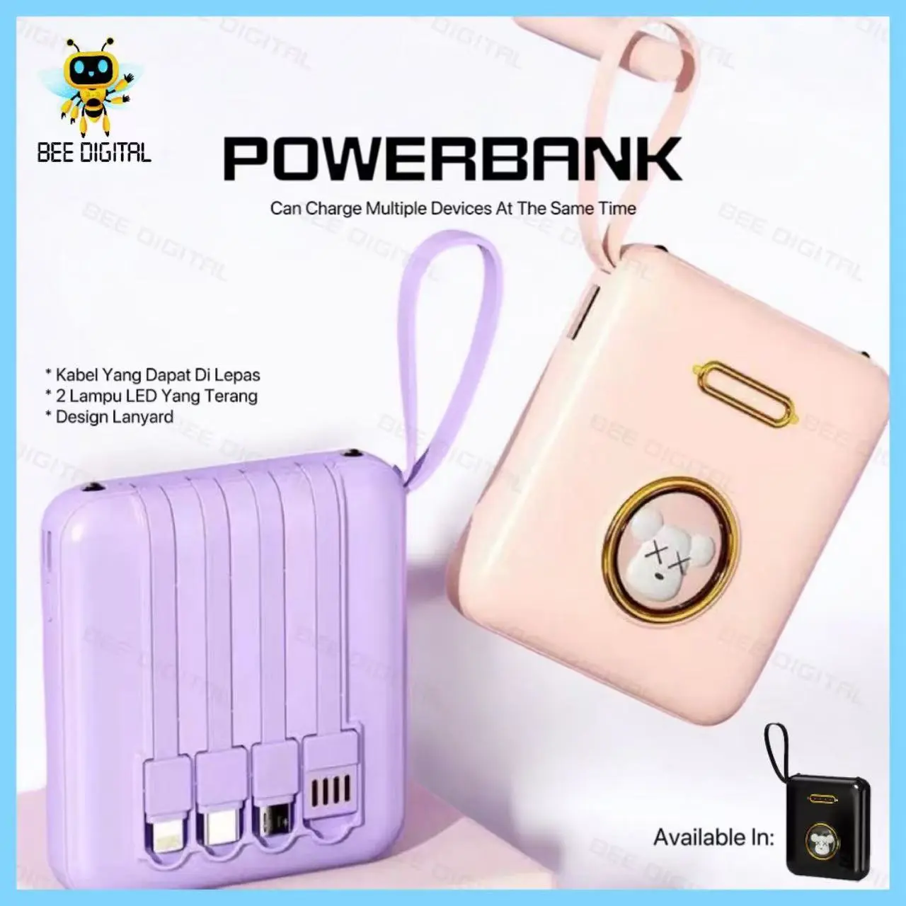 BEEDIGITAL  COD PB Karakter Mini Square Powerbank 20000 mAh 4 USB Cable Fast Charging Pengisi Daya Cepat LED Senter Digital Display