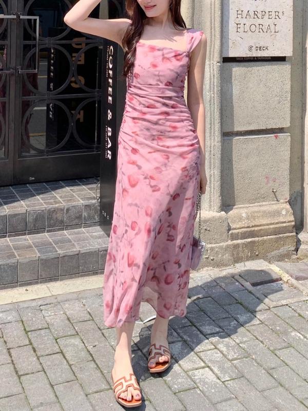  7838 Đầm voan hoa nhí 2 dây hồng pastel nhún bigsize dáng dài xẻ tà váy liền công sở đi biển dạ hội xinh nhẹ nhàng đi tiệc cưới 