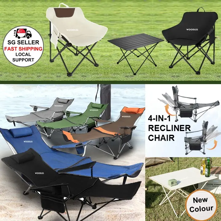 [SG Stock] Woodles Outdoor Camping Moonchair 4-in-1 Recliner Chair Table Foldable Portable Camp Fishing Painting Beach Balcony