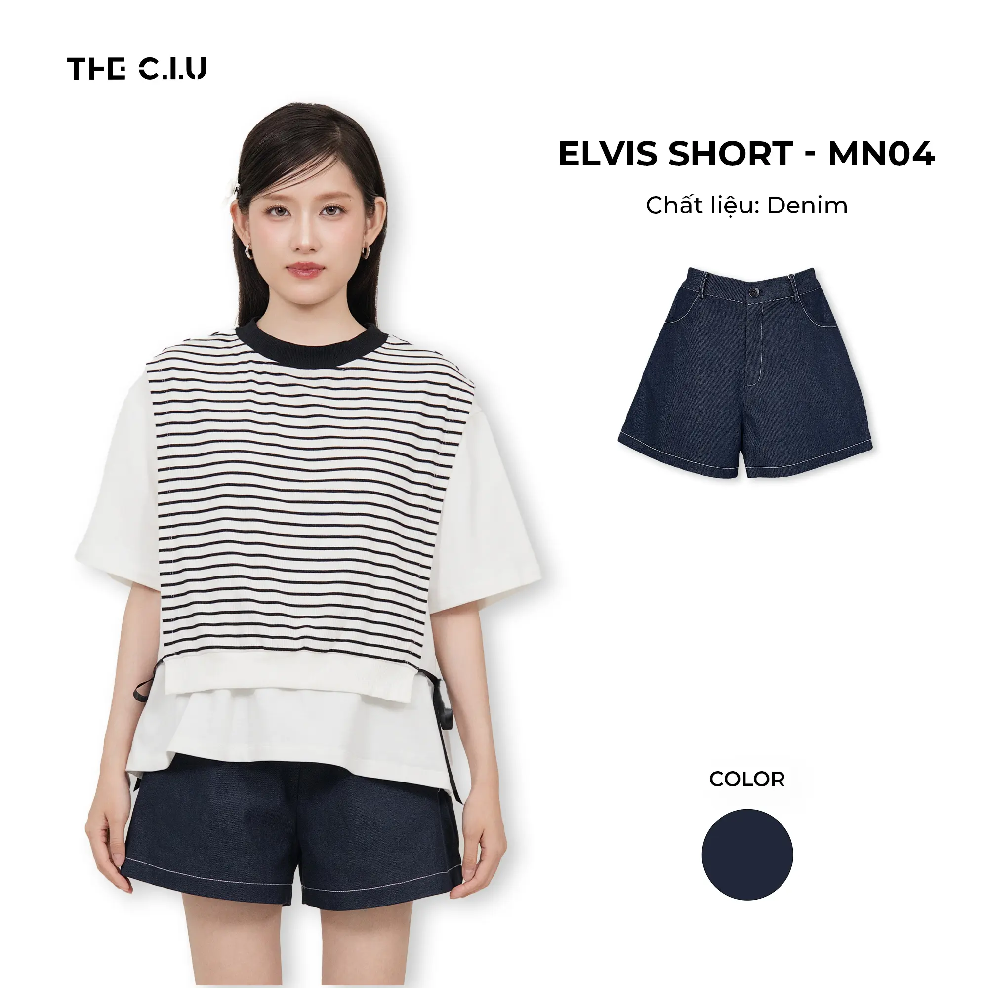 Quần short denim cạp cao ống rộng phối chỉ nổi THE C.I.U - Elvis Short - MN04