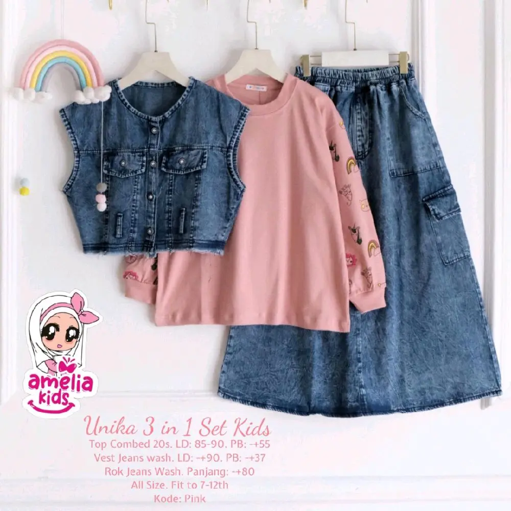 Baju Setelan Anak Unika Set Kids Untuk Usia 7-12 Tahun ( Bisa COD ) Fashion Rok Jeans Cantik