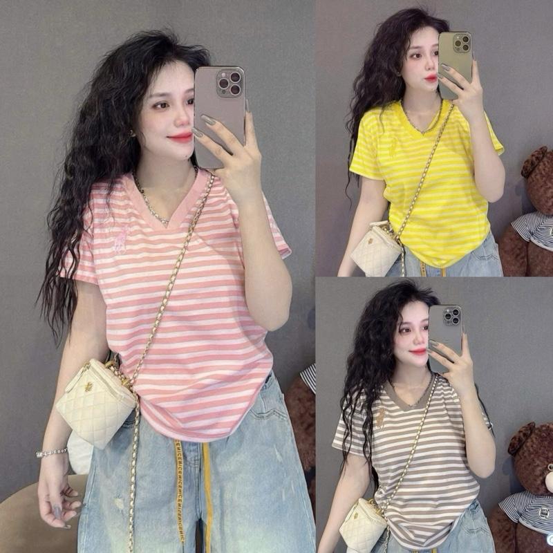 [ PHOM 40kg - 62kg ] Áo thun nữ Tay Ngắn cổ Tim Sọc  Thêu N.gựa ( Sọc Ngựa cổ Tim Thêu B1905 )