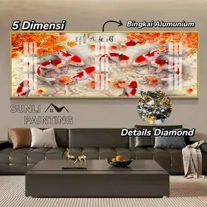 Lukisan Porcelain 5D Diamond Motif 9 Koi Horizontal Pajangan Dinding Ruang Tamu Wall Decor Elegan Terbaru Hiasan Rumah Premium Bingkai Aluminium Detail Diamond