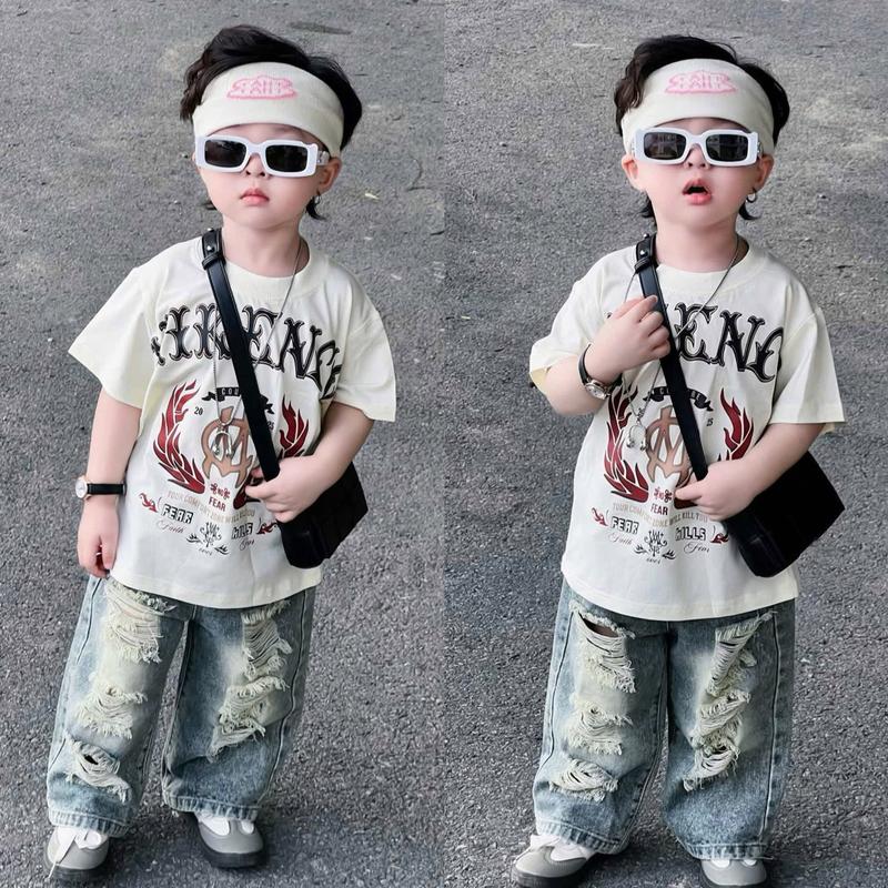  Set quần bò dài xanh rách áo phông MCK cho bé trai mặc đi học đi chơi phong cách hàn quốc,TPKIDS M1107  