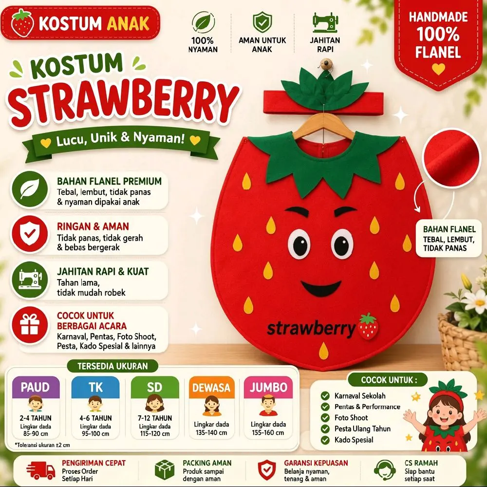 Kostum Anak Strawberry Lucu Unik Nyaman Bahan Flanel Dan Spunbond Premium Ringan Aman Cocok untuk Karnaval Pentas Foto Shoot Kado Spesial