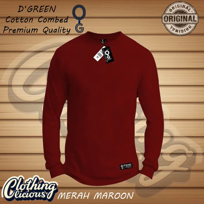 Baju Kaos Polos Lengan Panjang D'GREEN MERAH MAROON Cotton Combed 30s 150gsm Pria Distro - Wanita, Oblong