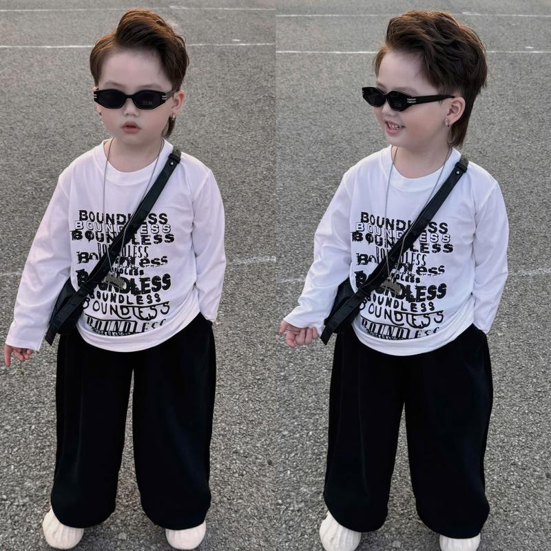 Set quần nỉ ống xuông đen kèm áo thun dài tay trắng Chữ Boundless cho bé trai phong cách hàn quốc lấy theo chiều cao TPKIDS M1159