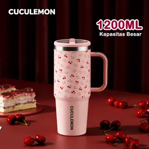Cuculemon Tumbler Vakum Stainless Steel 1.2L Kapasitas Besar Anti Tumpah dengan Sedotan Botol Kopi Termos Aesthetic Tahan Panas Dingin
