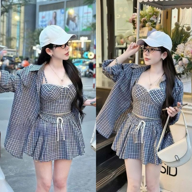 Set đồ nữ 3 món kẻ sọc áo lót 2 dây [Có Mút] kèm khoác tay dài mix chân váy ngắn xòe [Có Lót] sang chảnh dành cho các nàng diện đi chơi