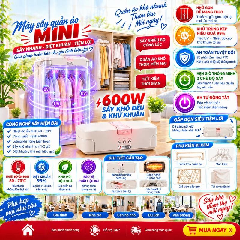 - Máy Sấy Quần Áo Gấp Gọn 600W, Tủ Sấy Quần Áo Di Động Mini Có Điều Khiển Với Công Nghệ Sấy 3D Sấy Quần Áo Bằng Tia UV Giúp Khô Nhanh Khử Khuẩn Hoàn Toàn Có Hẹn Giờ Tự Động Tắt Tiết Kiệm Điện Bảo Hành 12 Tháng