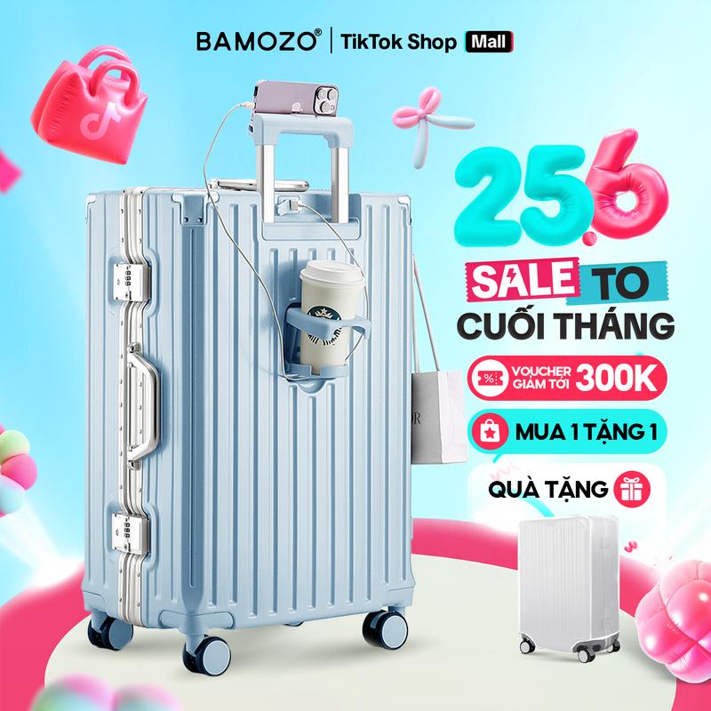 [DEAL SIZE 28] Vali khung nhôm Bamozo 9066 size 28 Chất Liệu PC Nguyên Khối Bền Đẹp + Bản cao cấp có khay đựng cốc + cổng sạc USB