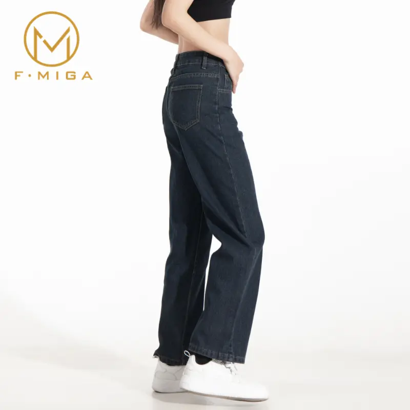 F·MIGA C42 High Waist Korean Style Kulot Bagy Jeans Straight Kasual Pants Celana Panjang Loose Celana Jeans Wanita - Abu-abu Biru 1