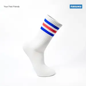 Nasuku Kaos Kaki Oldschool Putih Garis Merah Biru Casual Panjang Unisex Katun Tebal Nyaman Adem Anti Bau Versatile Dewasa Pria Wanita Lembut Hitam Pendek