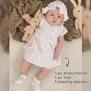 BUNNY PURE WHITE Dress Set Baju Aqiqah Setelan Rok Topi Bonnet Bordir Sepatu Pergi Lucu Fashion Anak Bayi Perempuan Cewek sweety boho amirah farah cecile
