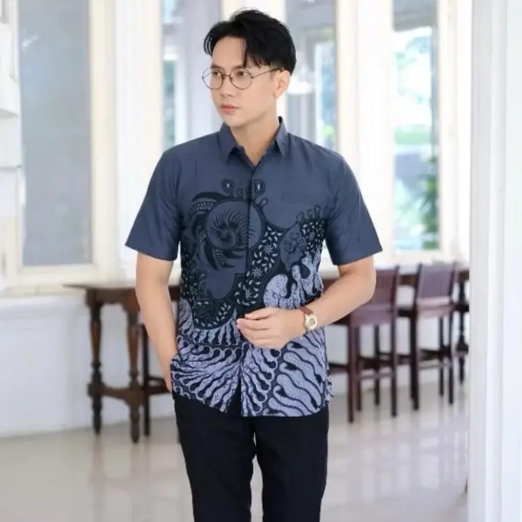 Lengan pendek Bunga Denim kemeja batik pria slimfit bahan katun prima lapis furing Baju Tebal