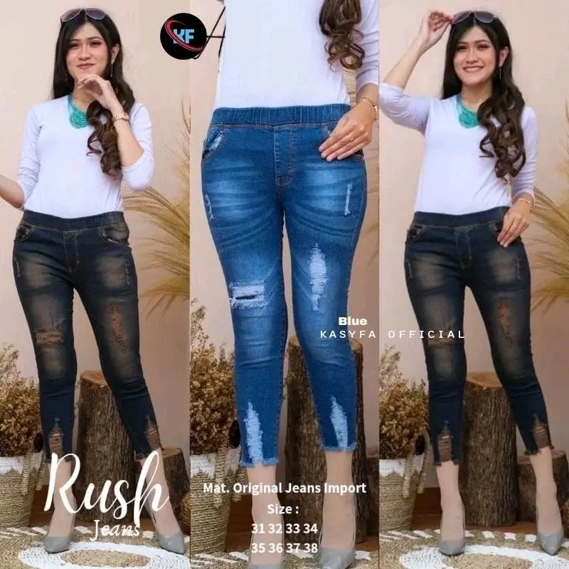 Celana Jeans Jumbo Wanita / Celana Jeans Sobek-sobek Wanita / Celana Jeans Jumbo Pinggang Karet Melar / RUSH JEANS Legging
