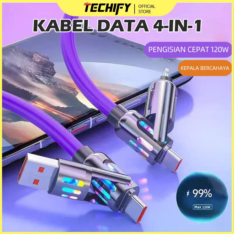 Kabel Data 4-in-1 Pengisian Daya Super Cepat 120W untuk Ponsel Mobil & Tablet Tipe-C Ganda Kepala Bercahaya