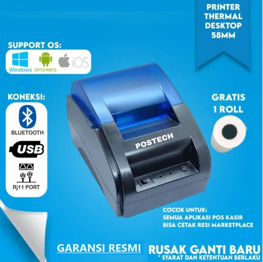 PRINTER KASIR/PPOB THERMAL 58MM BLUETOOTH ANDROID IOS WINDOWS PORT RJ11 POSTECH  Adaptor Struk
