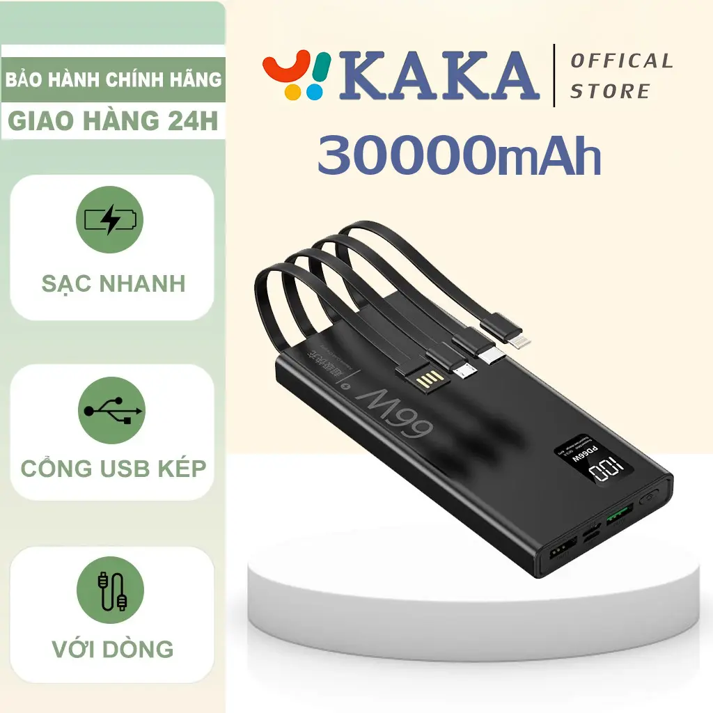Sạc Siêu Nhanh120W PD22.5W 20000mAh 30000mAh Sạc Dự Phòng ,Chứng nhận chính hãng，Tích hợp sẵn bốn dây cáp,Tương thích lighting/Type-C KAKA POWER BANK 4 dây cáp Kho báu sạc power bank