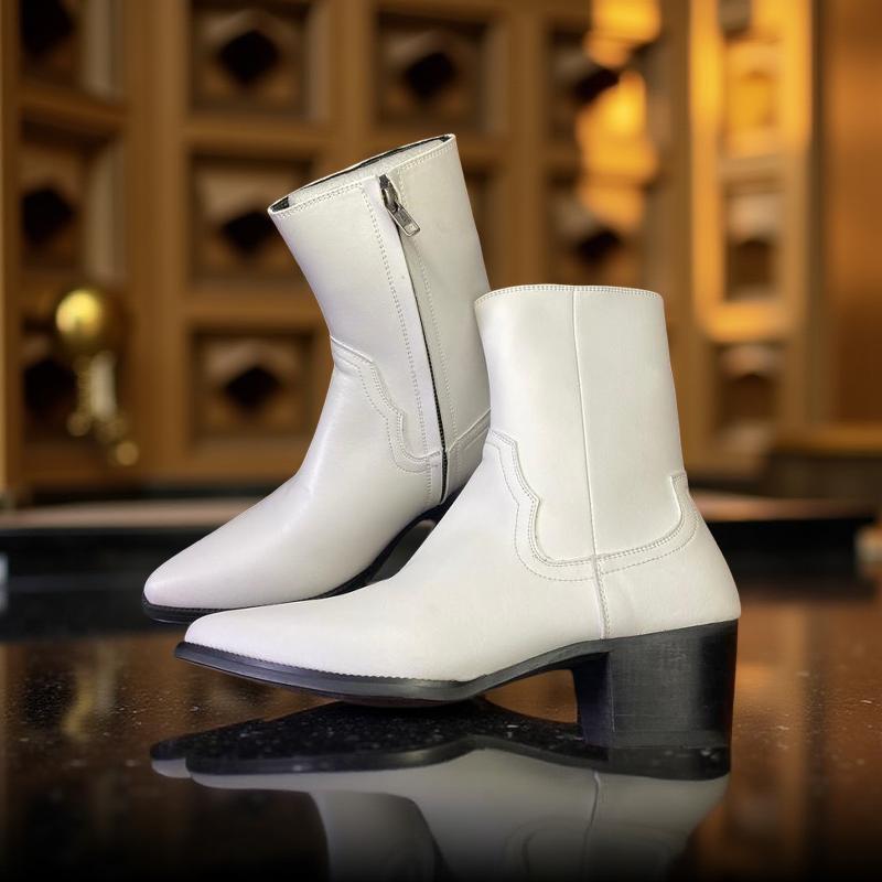 Lukas boots Da Bò trắng 6cm Leman&TranhNguyen Đế Gỗ Mũi Nhọn nam Chelsea Boot GiàY