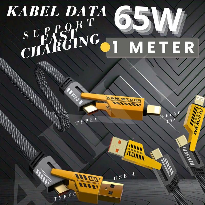 Kabel Data Fast Charging 4 IN 1 USB Type A, Type C, iOS Multiple Charging 27W + 65W Metal Data Cable Kabel Data USB A Dan TypeC IOS Iphone Dan TypeC Praktis Kabel Data 1 Meter Anti Kusut Kuat Kabel Data Multifungsi Kabel Charger 4 Port kabel  4 8