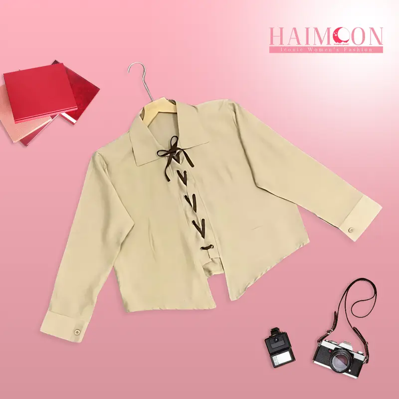Atasan Wanita Blouse Tali Pita Turkish Linen Korean Style Warna Hitam,biru,moca Baju Kancing Katun Panjang 2