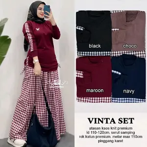 Vinta Set Rok, Bahan Kaos Knit Mix Katun, Setelan Rok Wanita Kotak Kotak, Set Rok Terbaru