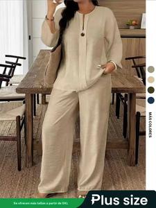 Conjunto de dos piezas para mujer de talla grande, ideal para primavera y verano, camisa de manga larga transpirable y pantalones holgados, cómodo y elegante