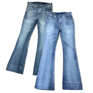 HighWaist Cutbray Jeans Celana Flare Panjang Stretch Wanita Retro Vintage Lipat Bawah Lebar