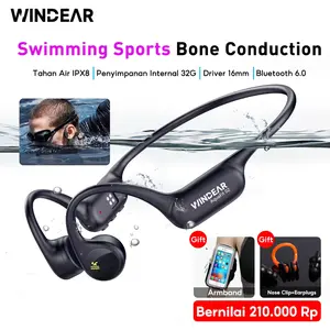 WINDEAR AquaFit 02 open-type headphones, a 2-in-1 open-type bone conduction headphone, IPX8 waterproof, 32GB memory, suitable for wireless sports such as running, swimming, and exercise, with Olahraga Lari Bluetooth earbuds.