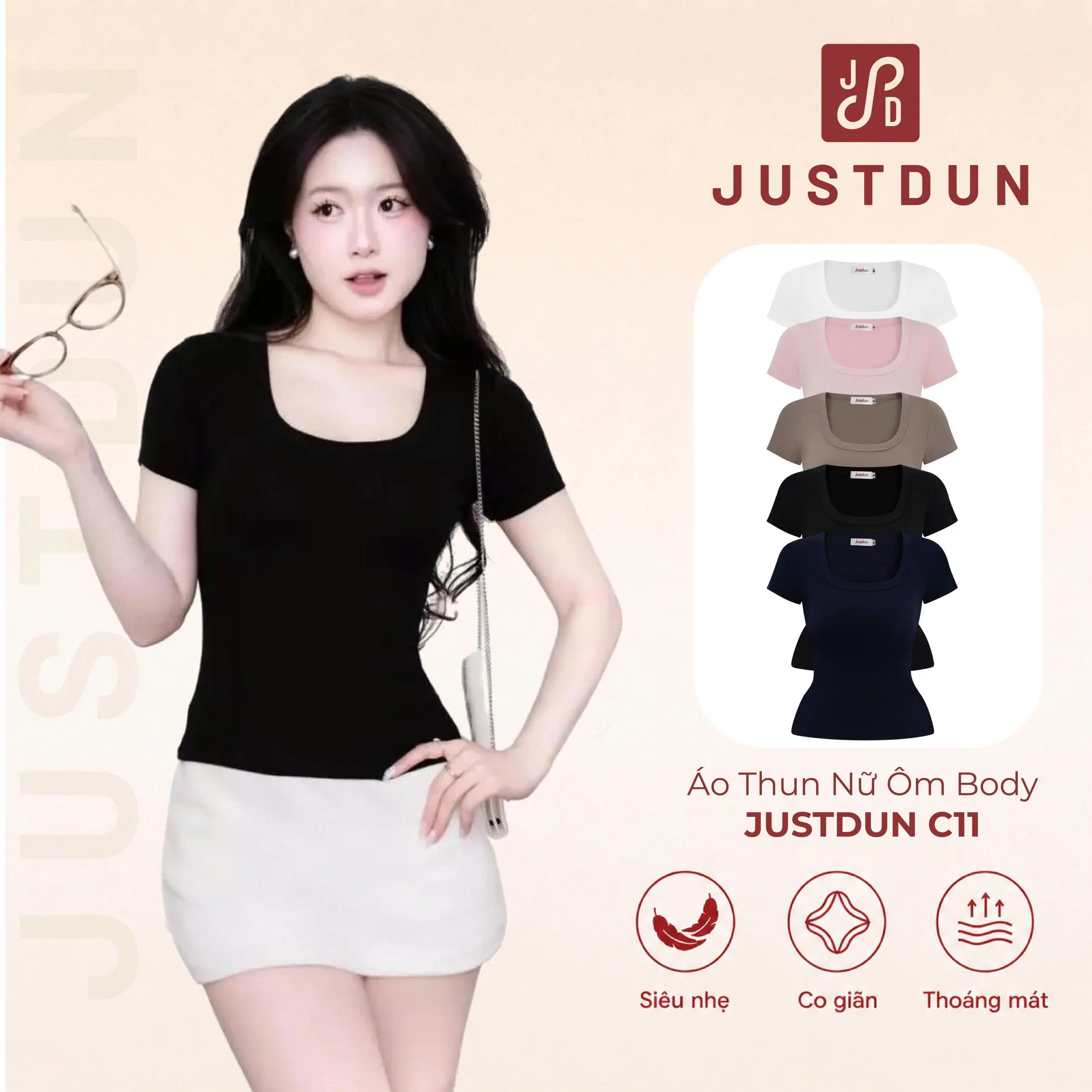 JUSTDUN Áo Thun Nữ Ôm Body Cổ Vuông JUSTDUN C11 - Cotton Mịn, Co Giãn, Mềm Mại, Êm Ái, Thoáng Mát