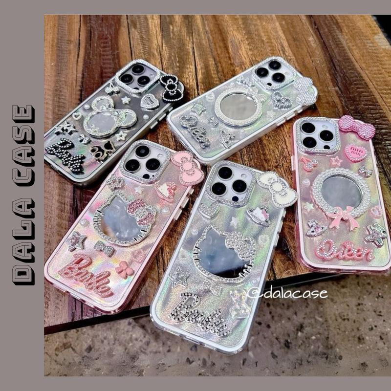 Ốp Lưng Xà Cừ 2 Lớp Hồng Kem Đen Charm Nơ Kèm Gương Nơ Kitty