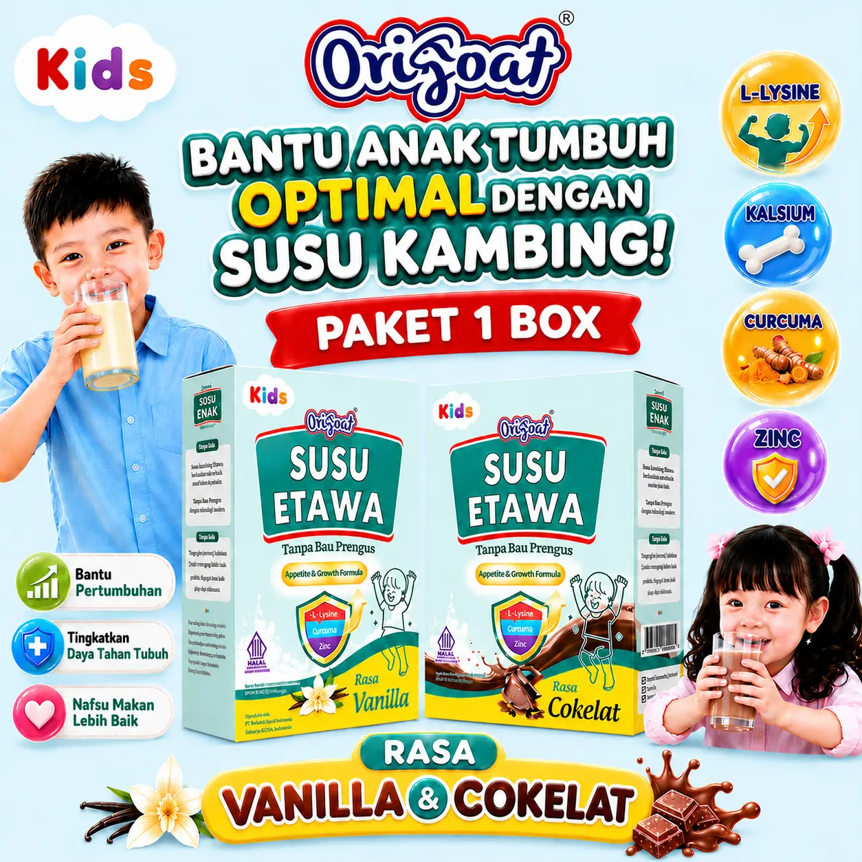 ORIGOAT KIDS Susu Etawa Rasa Vanilla & Cokelat - 1 Paket 125gr - Original 100% BPOM Halal Bantu Tingkatkan Nafsu Makan Imunitas dan Pertumbuhan Tulang Gigi