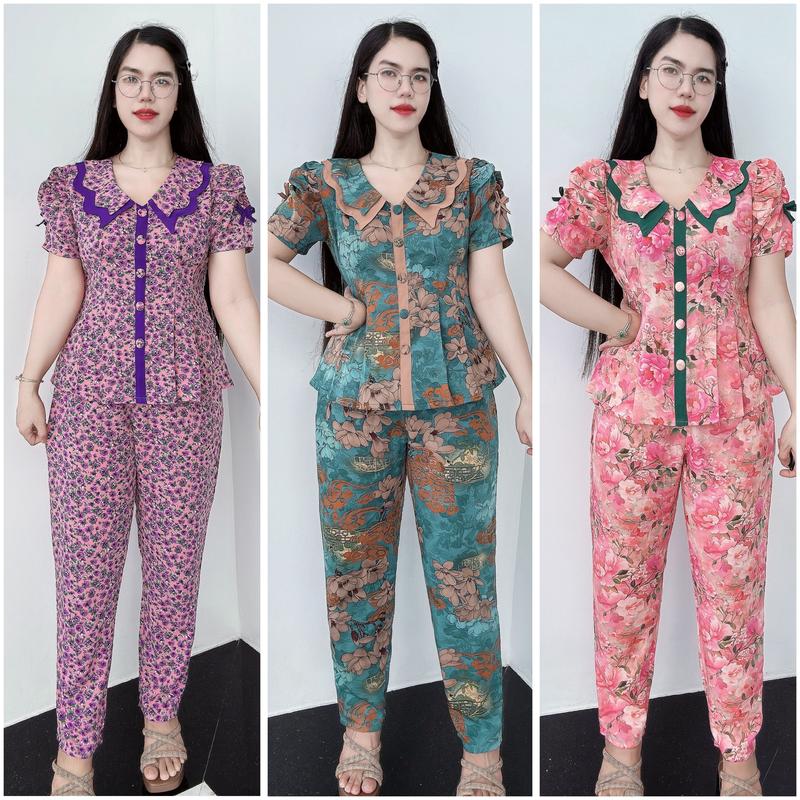 Đồ Bộ Nữ Mặc Nhà, Áo Tay Ngắn Quần Dài Cổ Lượn có Nhấn Ben Mặc Lên Dáng Đẹp, Chất Vải Lụa Mango Mềm Mát