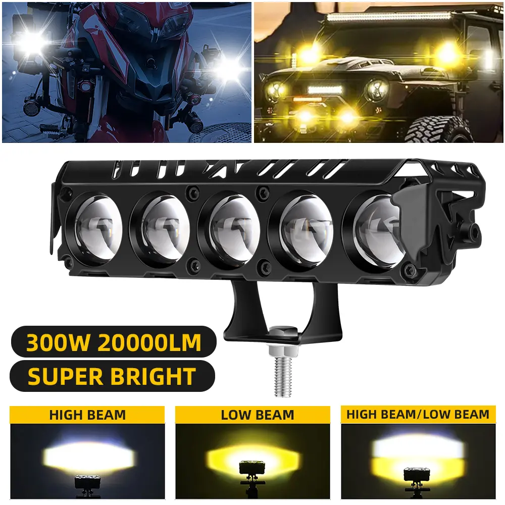 Lampu Sorot LED Mega 300W, Sakelar Lampu Dua Warna Putih/Kuning, Kecerahan Super 20.000 Lumen, Tegangan Lebar 9-85V, Tahan Air IP68, Lampu Tambahan untuk Sepeda Motor/Kendaraan Off-Road