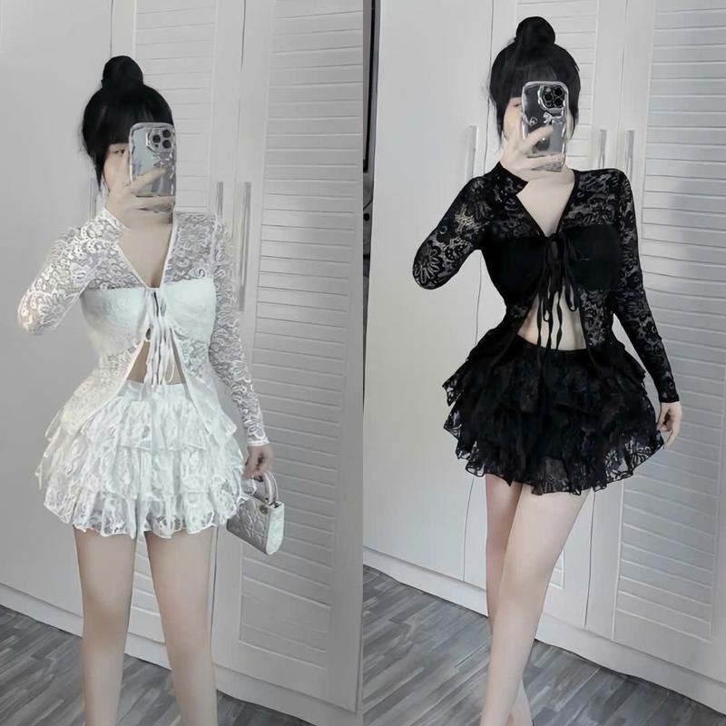 Set áo ren tay dài ( có mút ) cột dây phối với chân váy tầng chất ren đẹp sành điệu cho nữ