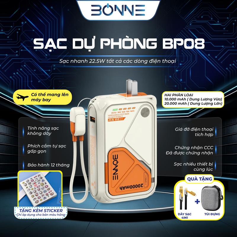 [PBD] ( Quà túi đựng + Dây sạc nhanh )  Sạc Dự Phòng, Củ Sạc Nhanh BONNE BP08 By Bonne TECHNOLOGIQUE, Sạc Dự phòng 10.000 mAh 20.000 mAh, Sạc Không Dây Kiêm Củ Sạc Nhanh Bảo Hành 12 Tháng Phụ Kiệ
