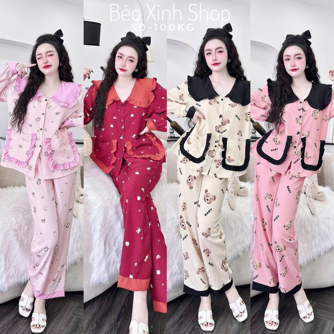 Đồ Bộ - Đồ Ngủ Tay Dài Cổ Sen Viền Pijama Bigsize 50-100kg Vải Lụa Nhật Tiểu Thư Nữ Women Quần Ngủ Thun - A.5657