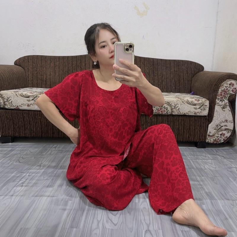 Đỗ Hạnh-152. Đồ Bộ Tole Lanh Big Size Quần Dài Áo Cổ Tròn Tay Ngắn. Nhiều Họa Tiết.