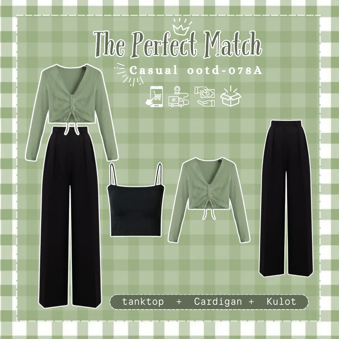 One Set Wanita Kekinian Tanktop Crop Hitam + Blouse Korea Serut Perut + Kulot Polyester Hitam 078A