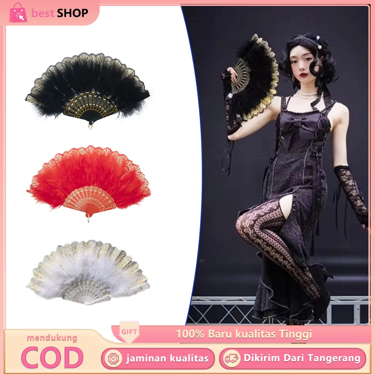Kipas Bulu Tari Kipas Tangan Lipat Bulu Kipas Gothic Lolita Kipas Gagang Bulu Untuk Properti Foto