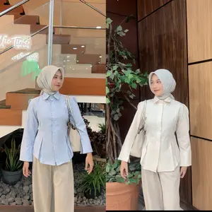 (Paket Hemat) Buy 1 get 1 - Beli 1 gratis 1 -  Bysa.ofc Kemeja Stripe Rempel Fit Body Wanita Casual Daily Formal - Bysa.ofc - Katun Nyaman Rempel Krem Biru Pink Panjang Tangan Garis Dress Motif Basic S-XXXL