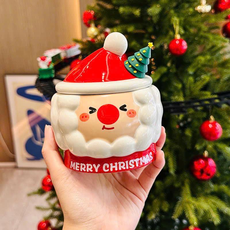  Ly cốc sứ uống nước làm quà tặng giáng sinh noel hình Ông già dễ thương có nắp kèm cây khuấy- SDLR02 